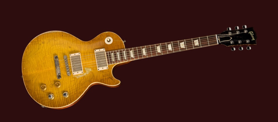 A sunburst Gibson Les Paul, showing its two humbucker pickups